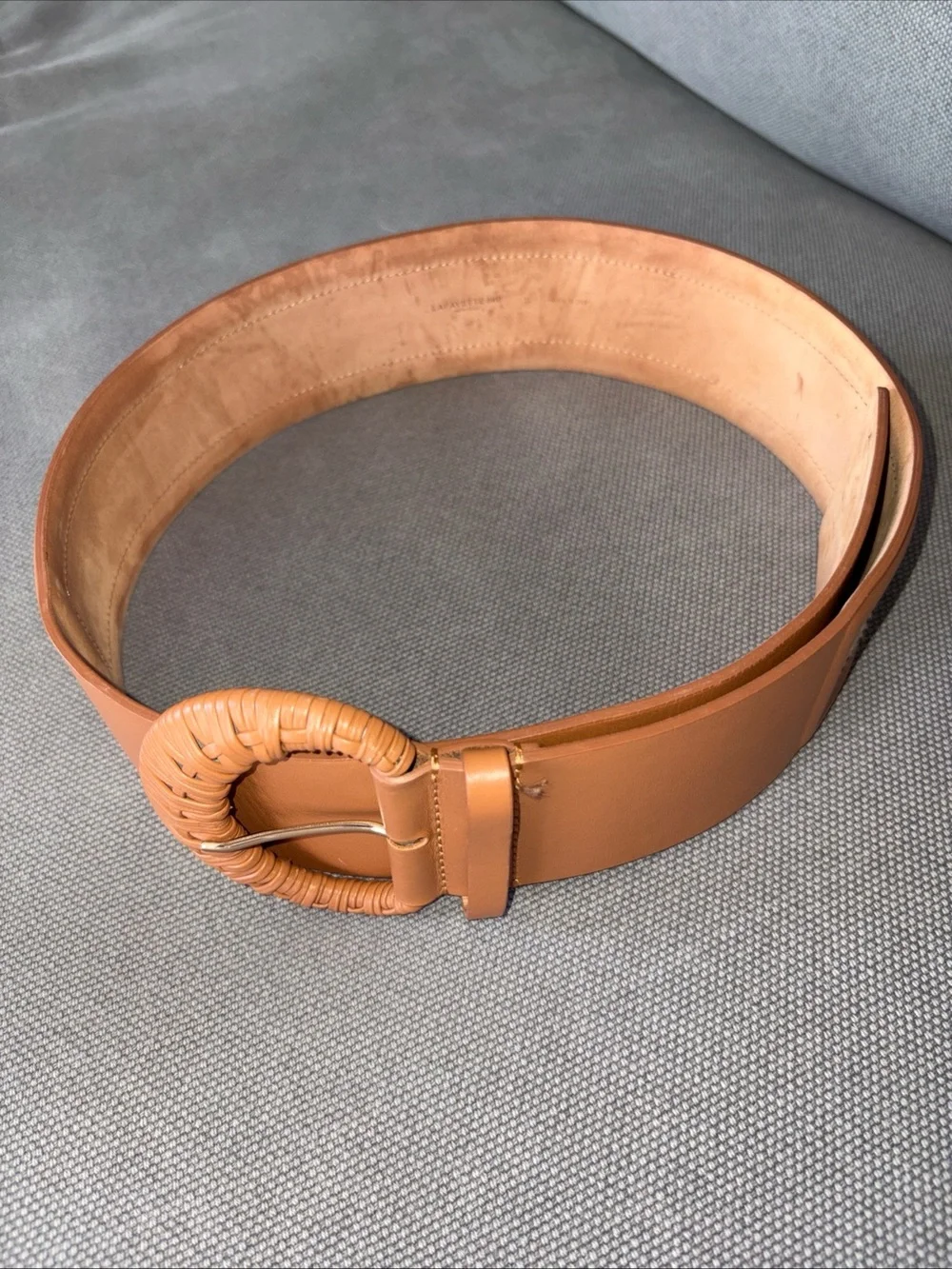Lafayette 148 New York Wide Tan Leather Belt with Woven Round Buckle Italy small